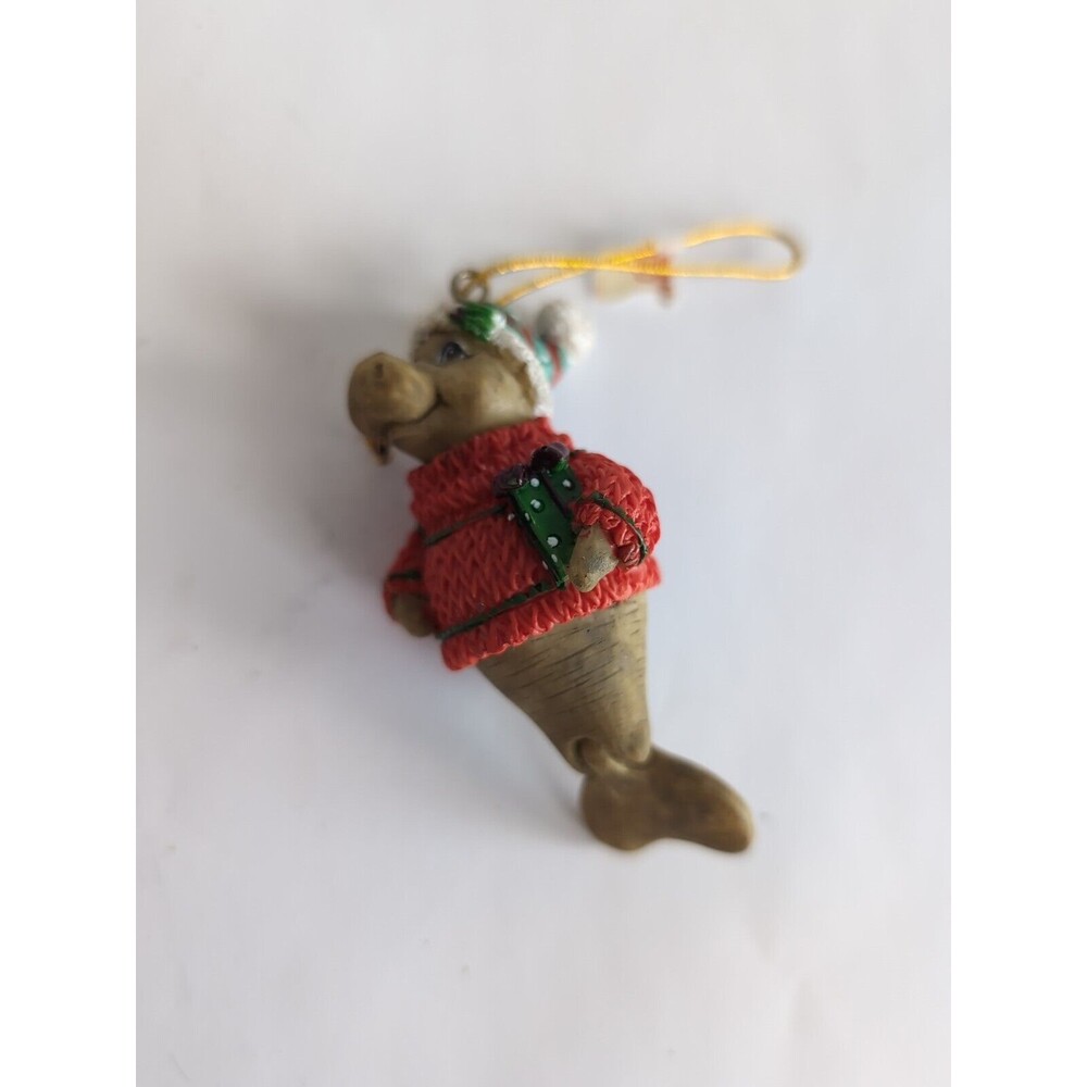 Manatee in Christmas Outfit with Hinged Tail Ornament Beachcombers Grey 3 Inch